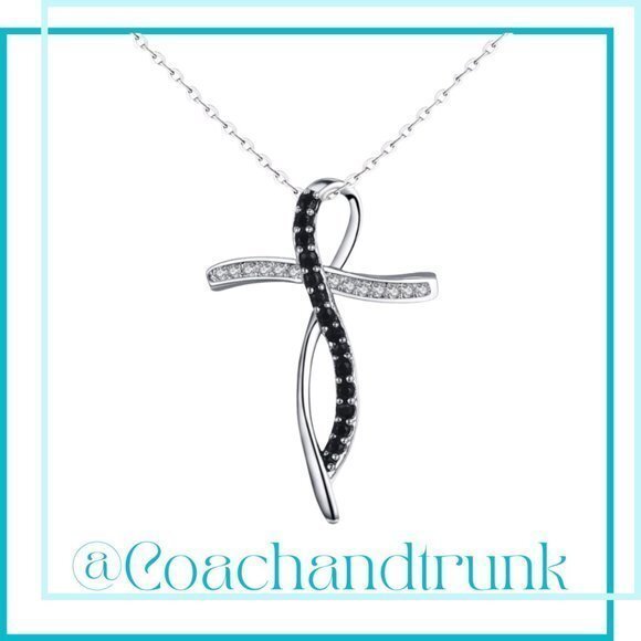 Ivy Sparkle and Stone Jewelry - 925 Sterling Silver Black Spinel and White CZ Cross Necklace